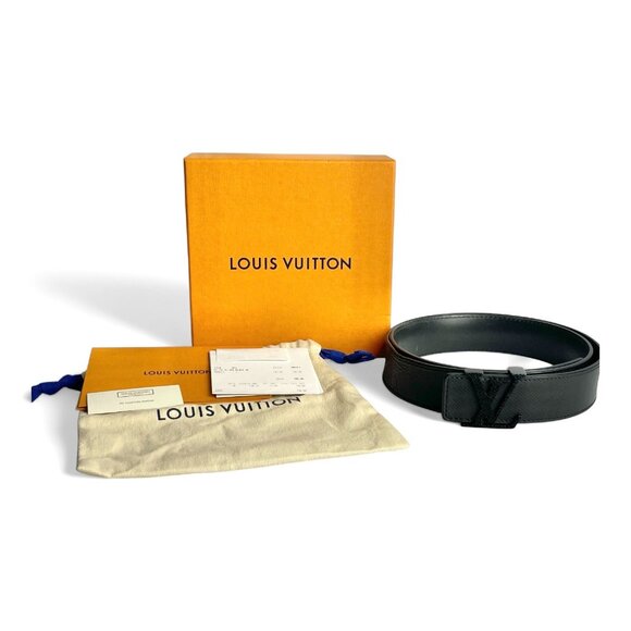LOUIS VUITTON Black Leather Belt LV Monogram +Box dust bag receipt tag Sz 90/36 - Picture 12 of 14